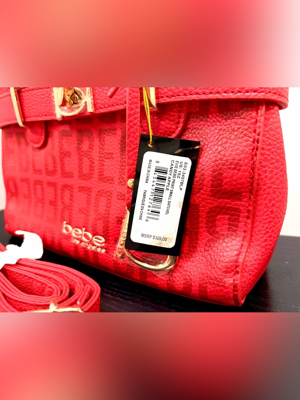 bebe Red Logo Jacquard Satchel with Gold Accents - Picture 4 of 7